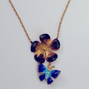 925 Silver blue enamel butterfly flower necklace yellow gold plated